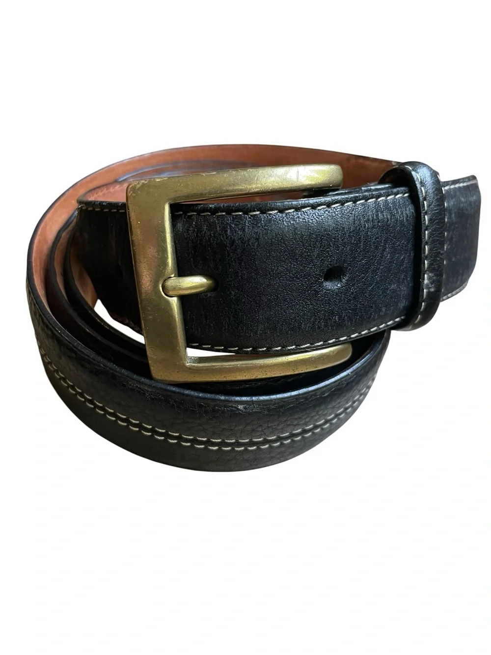 VTG Cole Haan Pebbled Leather Topstitched Belt Black Men's Sz 44 Brass BUCKLE